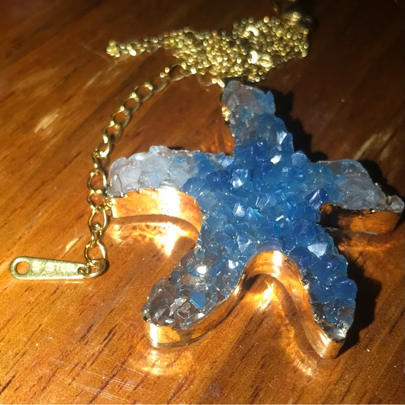“Blue Druzy Starfish” Gold Dipped Geode Ocean Sea Marine Tropical Steel Necklace - Picture 12 of 16